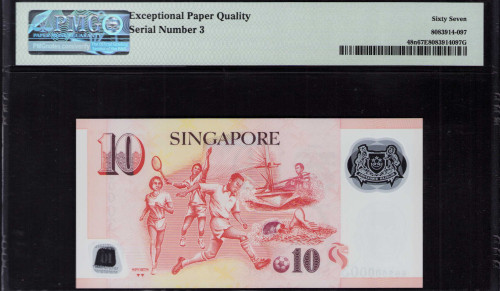 Singapore 10 Dollars 2020 P48n PMG67 EPQ 10 Dollars (Low S/N 3)