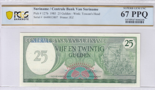 Suriname 25 Gulden  1.11.1985 P127b PCGS67 PPQ