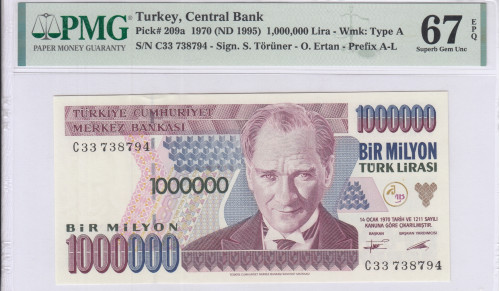 1.000.000 Lira 1970 (ND1995) C33 P209a PMG67 EPQ