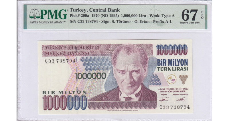 1.000.000 Lira 1970 (ND1995) C33 P209a PMG67 EPQ