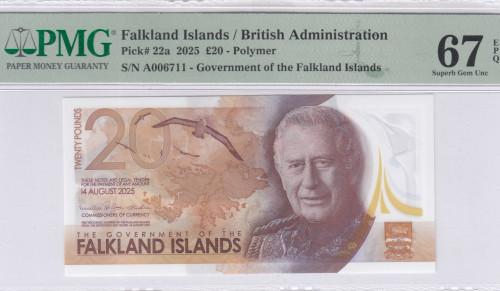 Falkland Island 20 Pounds 14.08.2025 P22a PMG67 EPQ