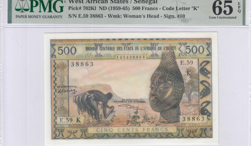 West African States, (K) Senegal 500 Francs ND (1959-65) P702Kl PMG65 EPQ West African States, (K) Senegal 500 Francs ND (1959-65) P702Kl PMG65 EPQ