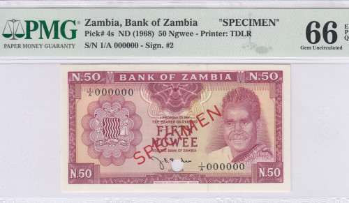 Zambia 50 Ngwee 1968 P4s PMG66 EPQ