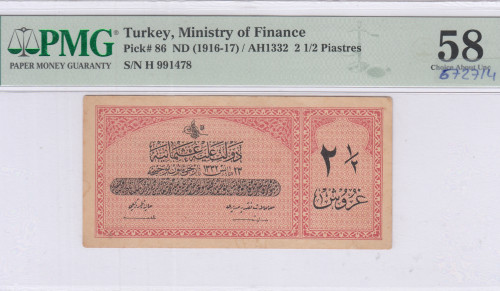 Ministry of Finance "Ottoman Emp." 2,5 Piastres AH1332 (ND1916-17) P86 PMG55 Ministry of Finance "Ottoman Emp." 2,5 Piastres AH1332 (ND1916-17) P86 PMG55