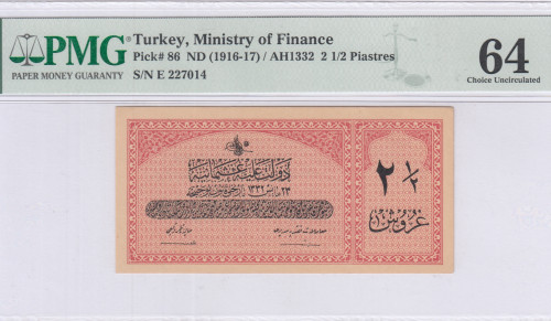 Ministry of Finance "Ottoman Emp." 2,5 Piastres AH1332 (ND1916-17) P86 PMG64 Ministry of Finance "Ottoman Emp." 2,5 Piastres AH1332 (ND1916-17) P86 PMG64