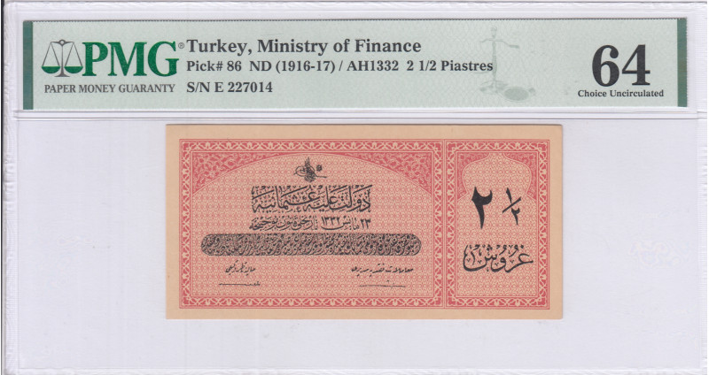 Ministry of Finance "Ottoman Emp." 2,5 Piastres AH1332 (ND1916-17) P86 PMG64 Ministry of Finance "Ottoman Emp." 2,5 Piastres AH1332 (ND1916-17) P86 PMG64