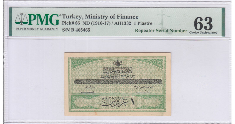 Ministry of Finance "Ottoman Emp." 1 Piastres AH1332 (ND1916-17) P86 PMG63 (Repeater Serial Number) Ministry of Finance "Ottoman Emp." 1 Piastres AH1332 (ND1916-17) P86 PMG63 (Repeater Serial Number)