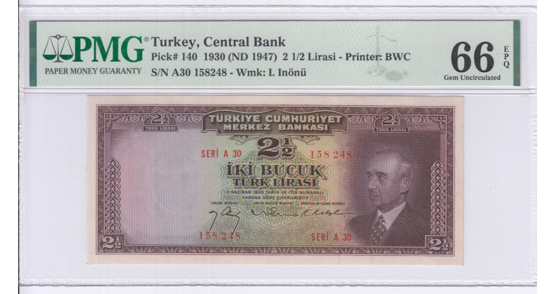 2,5 Lira 1930 (ND1947)  A30 P140 PMG66 EPQ "TopPop"
