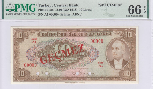 10 Lira 1930 (ND1948) A1 "Specimen" P148s PMG66 EPQ