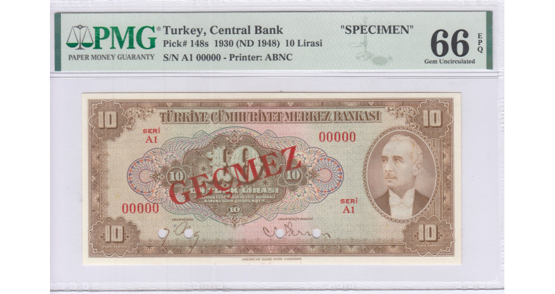 10 Lira 1930 (ND1948) A1 "Specimen" P148s PMG66 EPQ 10 Lira 1930 (ND1948) A1 "Specimen" P148s PMG66 EPQ