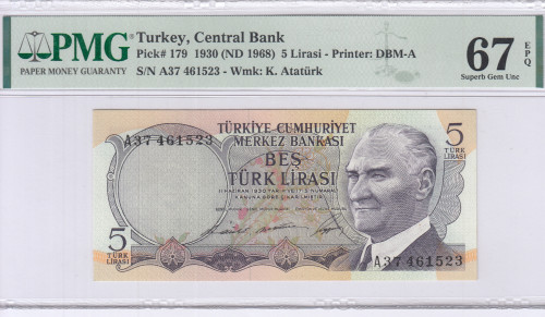 5 Lira 1930 (ND1968) A37 P179 PMG67 EPQ