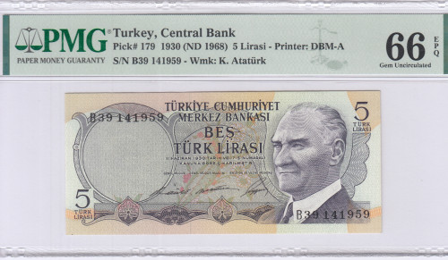 5 Lira 1930 (ND1968) B39 P179 PMG66 EPQ