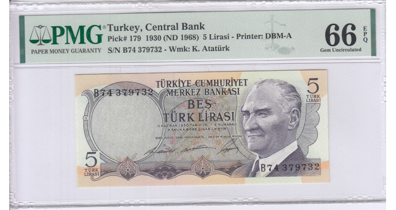 5 Lira 1930 (ND1968) B74 P179 PMG66 EPQ