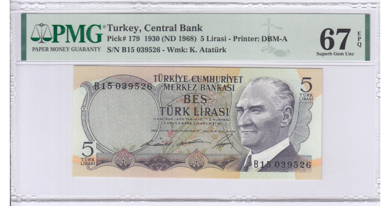 5 Lira 1930 (ND1968) B15 P179 PMG67 EPQ
