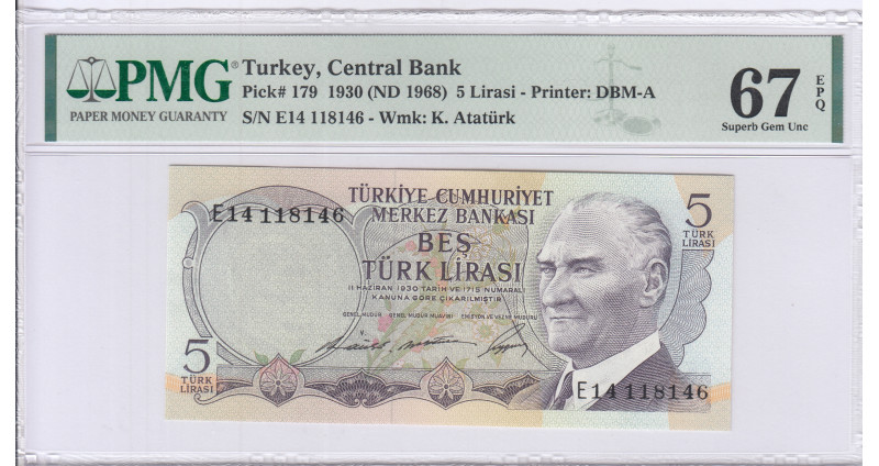 5 Lira 1930 (ND1968) E14 P179 PMG67 EPQ