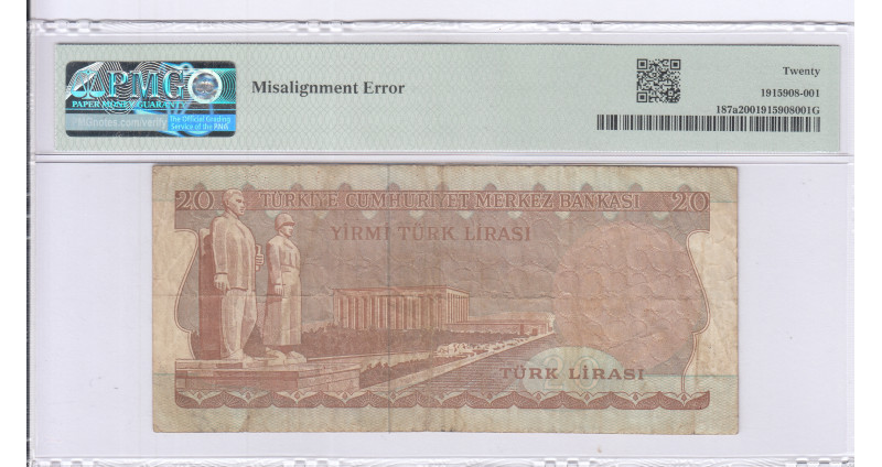 20 Lira 1970 (ND1974) F52 P187a PMG20  "ERROR NOTE"