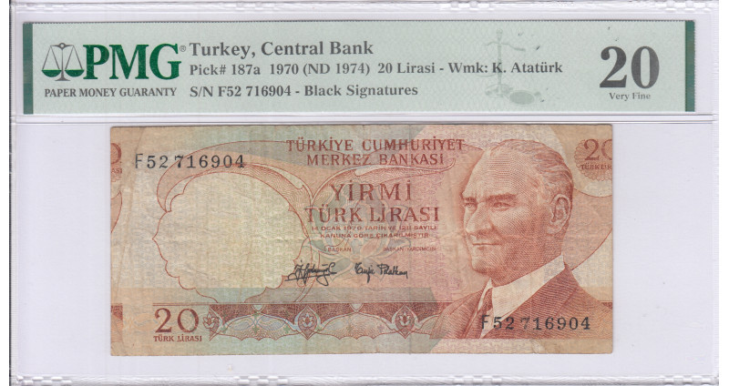 20 Lira 1970 (ND1974) F52 P187a PMG20  "ERROR NOTE"