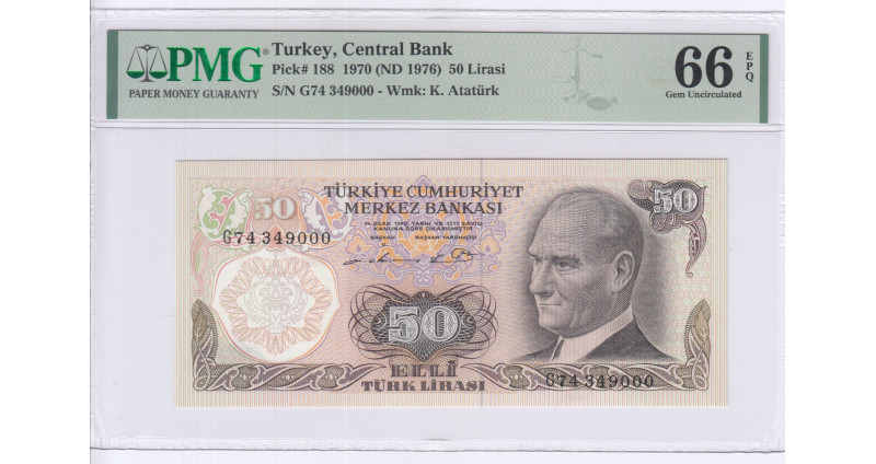 50 Lira 1970 (ND1976) G74 P188 PMG66 EPQ