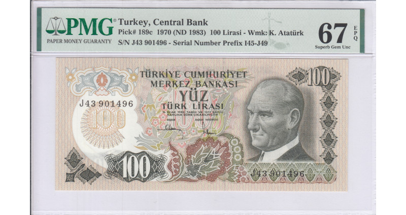 100 Lira 1970 (ND1983) J43 P189c PMG67 EPQ