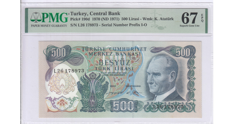 500 Lira 1970 (ND1971) L26 P190d PMG67 EPQ