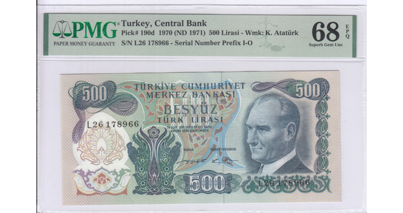 500 Lira 1970 (ND1971) L26 P190d PMG68 EPQ  "TopPop"
