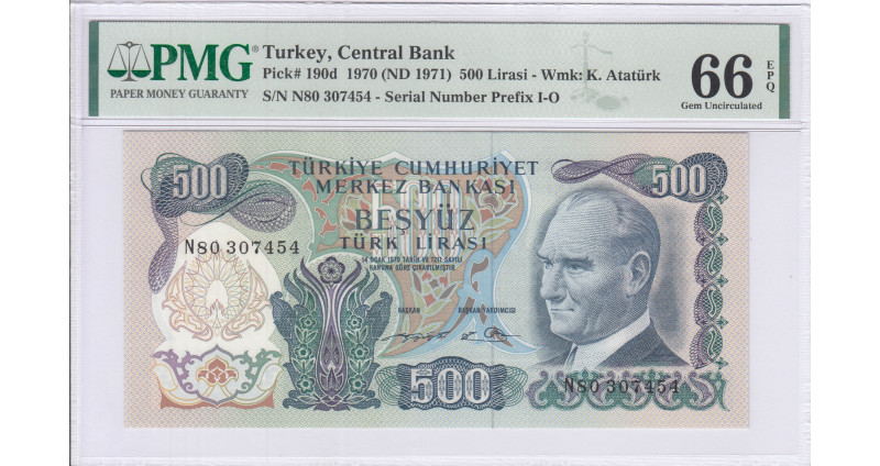 500 Lira 1970 (ND1971) N80 P190d PMG66 EPQ