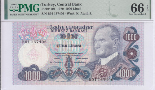 1.000 Lira 1970  B01 P191 PMG66 EPQ