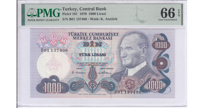 1.000 Lira 1970  B01 P191 PMG66 EPQ 1.000 Lira 1970  B01 P191 PMG66 EPQ