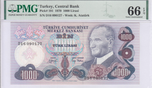 1.000 Lira 1970  D16 P191 PMG66 EPQ