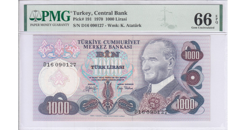 1.000 Lira 1970  D16 P191 PMG66 EPQ 1.000 Lira 1970  D16 P191 PMG66 EPQ