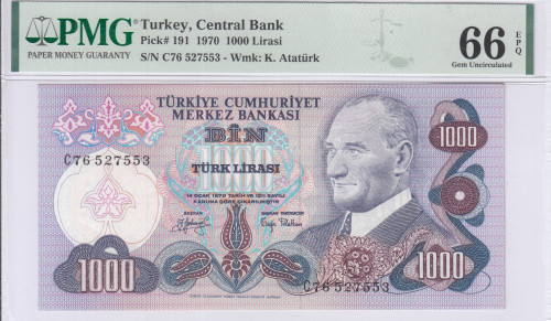 1.000 Lira 1970  C76 P191 PMG66 EPQ