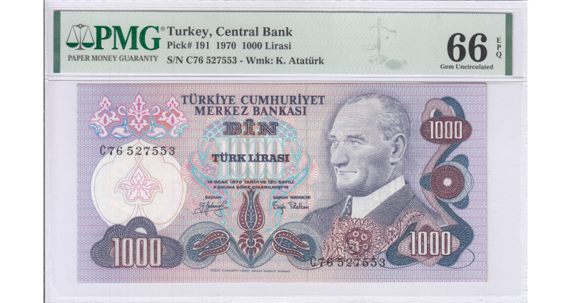 1.000 Lira 1970  C76 P191 PMG66 EPQ 1.000 Lira 1970  C76 P191 PMG66 EPQ