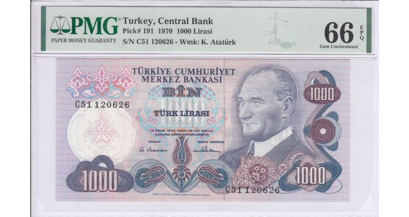 1.000 Lira 1970  C51 P191 PMG66 EPQ 1.000 Lira 1970  C51 P191 PMG66 EPQ