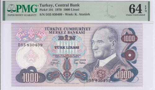 1.000 Lira 1970  D55 P191 PMG64 EPQ