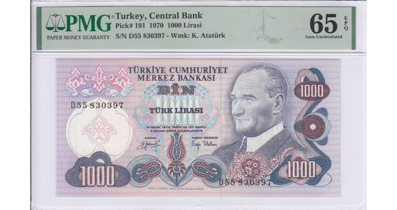 1.000 Lira 1970  D55 P191 PMG65 EPQ 1.000 Lira 1970  D55 P191 PMG65 EPQ