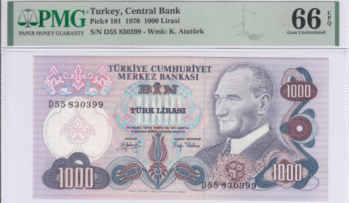 1.000 Lira 1970  D55 P191 PMG66 EPQ