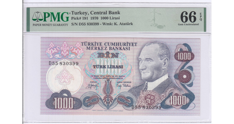 1.000 Lira 1970  D55 P191 PMG66 EPQ 1.000 Lira 1970  D55 P191 PMG66 EPQ