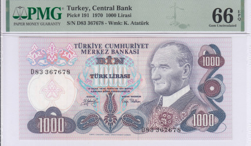 1.000 Lira 1970  D83 P191 PMG66 EPQ