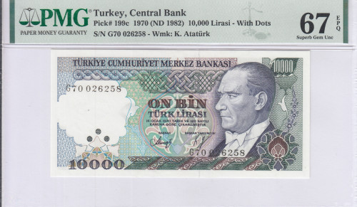 10.000 Lira 1970 (ND1982)  G70 P199c PMG67 EPQ "TopPop"