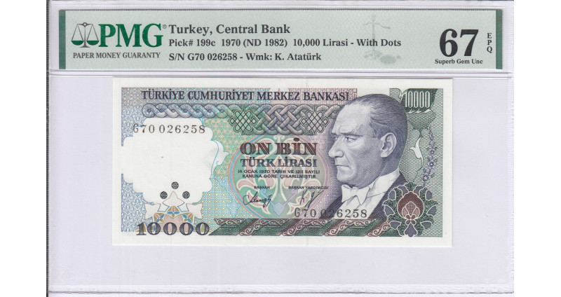 10.000 Lira 1970 (ND1982)  G70 P199c PMG67 EPQ "TopPop"