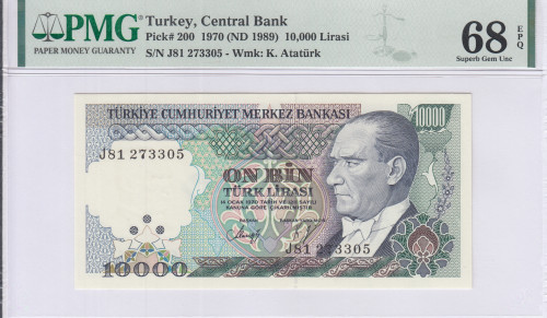 10.000 Lira 1970 (ND1989) J81 P199c PMG68 EPQ "TopPop"