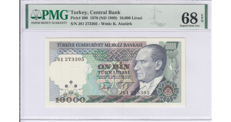 10.000 Lira 1970 (ND1989) J81 P199c PMG68 EPQ "TopPop"