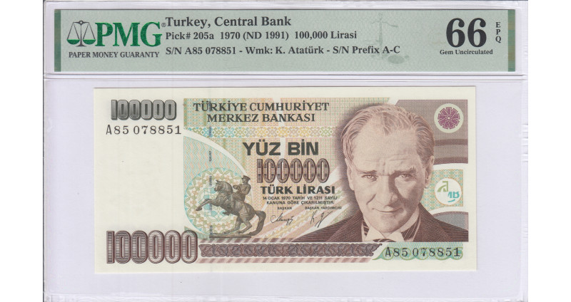 100.000 Lira 1970 (ND1991)  A85 P205a PMG66 EPQ