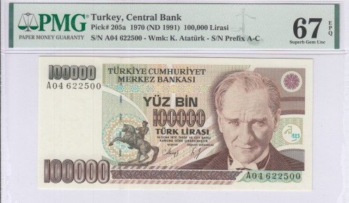 100.000 Lira 1970 (ND1991)  A04 P205a PMG67 EPQ
