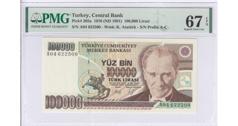 100.000 Lira 1970 (ND1991)  A04 P205a PMG67 EPQ