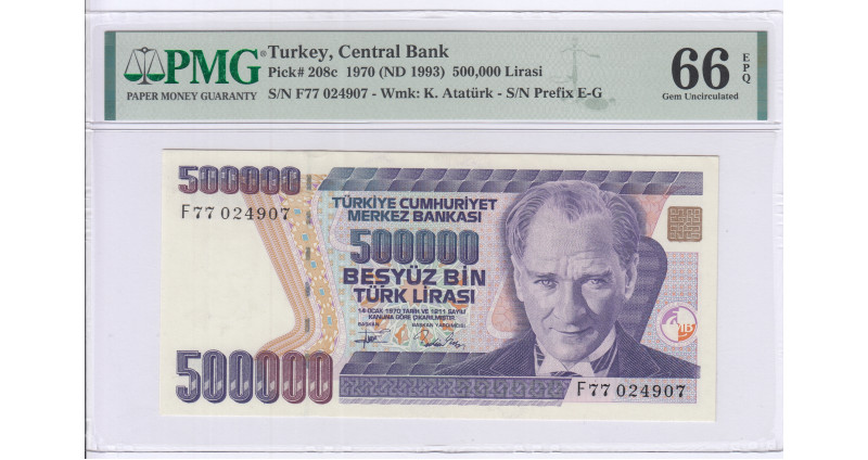 500.000 Lira 1970 (ND1993) F77 P208c PMG66 EPQ 500.000 Lira 1970 (ND1993) F77 P208c PMG66 EPQ