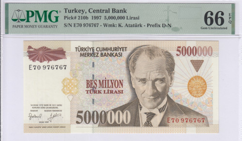 5.000.000 Lira 1997  E70 P210b PMG66 EPQ