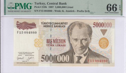 5.000.000 Lira 1997  F15 P210b PMG66 EPQ