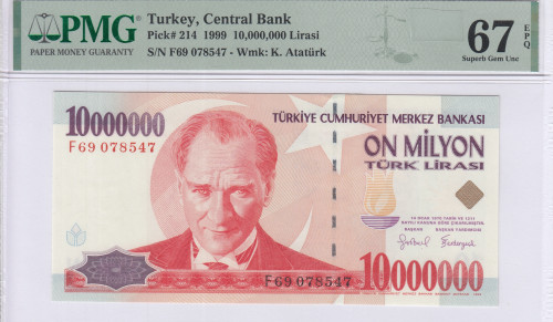 10.000.000 Lira 1999  F69 P214 PMG67 EPQ