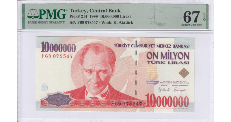 10.000.000 Lira 1999  F69 P214 PMG67 EPQ
